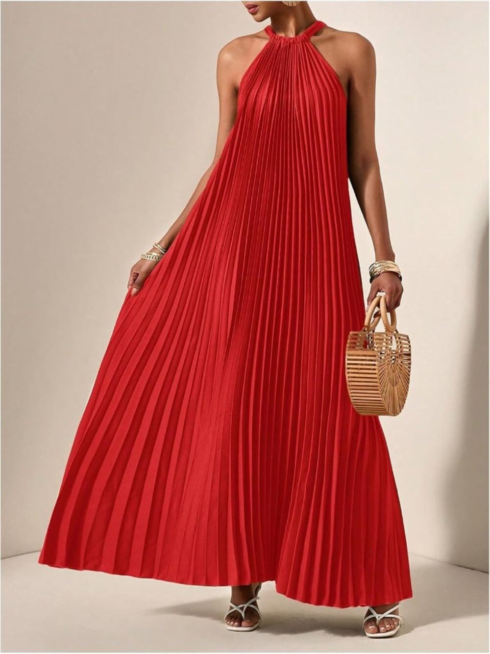 〽️Red Halter Maxi Dress Women's Pleated Flowy A Line Summer Wedding Guest Dress - Picture 4 of 5